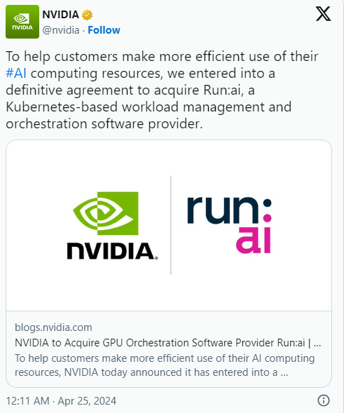英伟达斥资7亿美元收购Run:ai，进一步巩固在AI领域地位 - 众森 IT 新媒体资讯网
